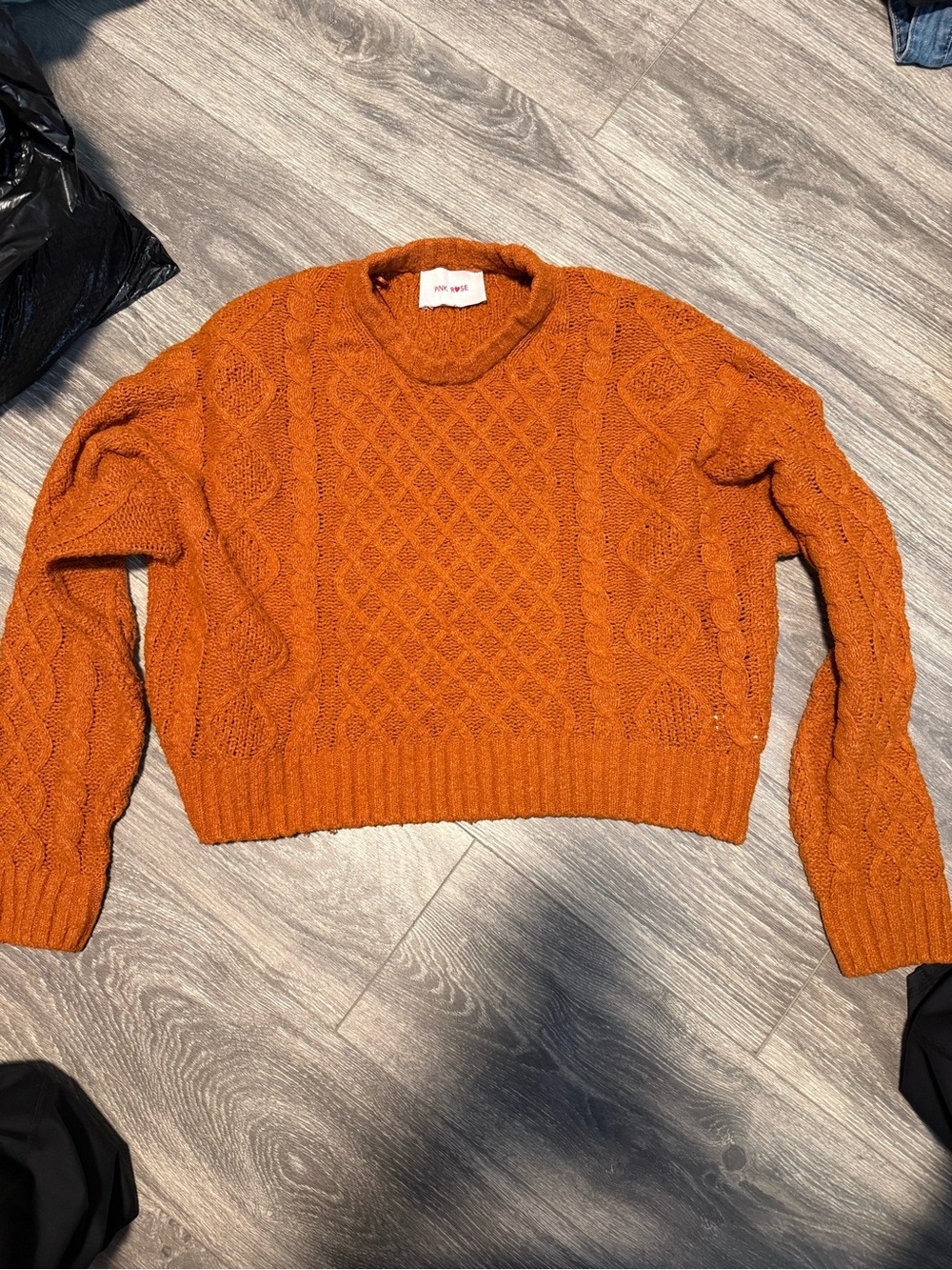 Pink Rose Cable Knit Cropped Sweater - Rust Orange
